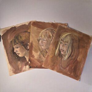Vintage Mid Century Portrait Studies Gouache Acrylic on Paper Set of 3 Art Child